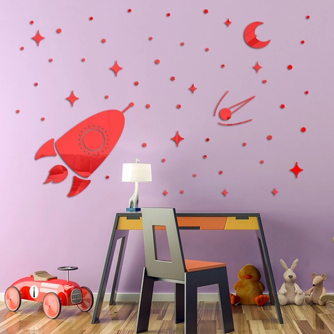 Adesivo da Parete Specchio Acrilico Razzo Spaziale Luna Stella Per Camera Bambini Letto Moderno DIY Specchio 3D Decorativo