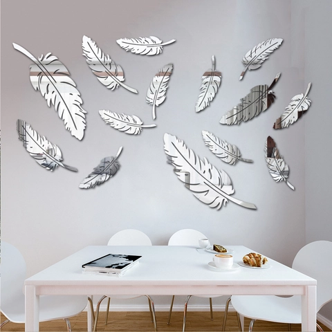 Pegatinas de Pared de Espejo de Pluma de Acrílico Calcomanía de Espejo Estereoscópica para Sala de Estar Dormitorio Decoración de Arte