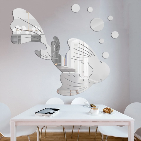Sticker Mural Miroir en Acrylique 3D Moderne Forme Poisson Koi Avec Bulles DIY Auto-Adhésif Décoration d'Art pour Salon Chambre
