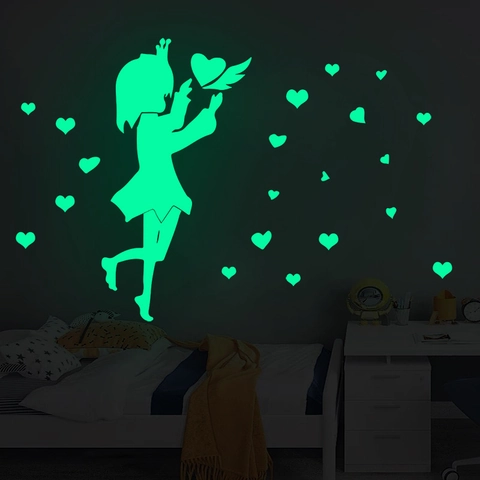 Leuchtender Wandaufkleber Mädchensilhouette Mit Krone Und Herzen Fluoreszierendes DIY Wandtattoo Für Kinderzimmer Deko