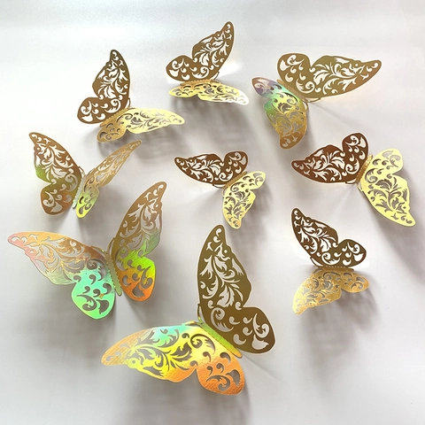 Moderni Adesivi Murali a Farfalla Cava 3D In Carta Oro Iridescente Decalcomanie a Farfalla Per Matrimonio Festa Casa DIY Wall Art