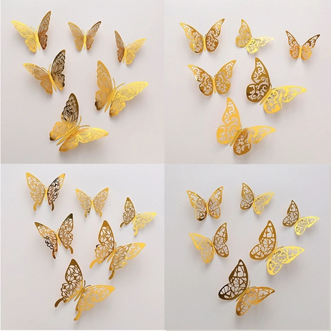 3D Adesivi Murali a Farfalla Traforata Oro Argento Oro Rosa Carta Metallizzata Farfalla Decalcomanie Casa Soggiorno