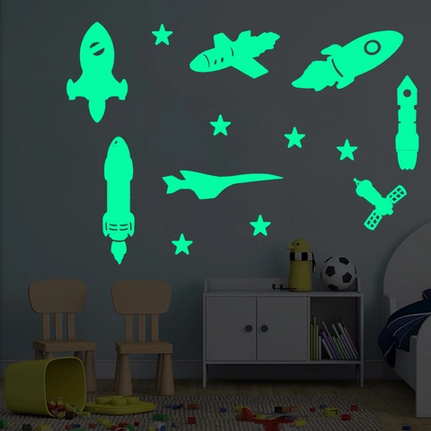 Lichtgevende Ruimteraket Muurstickers Glow In The Dark Sterren Ruimteschip Decals Voor Kinderkamer Slaapkamer PVC Muurschildering
