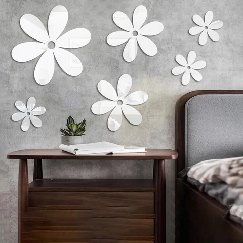 6Pcs 3D Acrylic Mirror Flower Wall Stickers Self-Adhesive Floral Decals For Home Living Room Bedroom Bathroom Decor