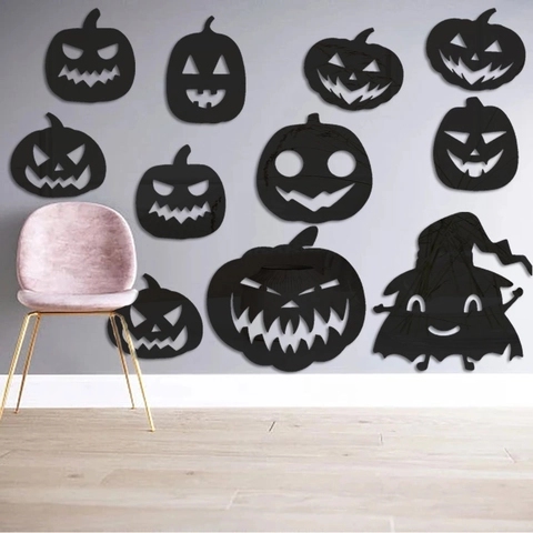 Halloween Pompoen Acryl Spiegel Muurstickers DIY Jack-O-Lantern Geest Tovenaarshoed Feestelijke Decoratie Voor Woonkamer