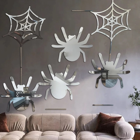 Lot de Stickers Muraux Miroir en Acrylique Toile d'Araignée pour Décoration d'Halloween Autocollants Réfléchissants pour Salon Maison