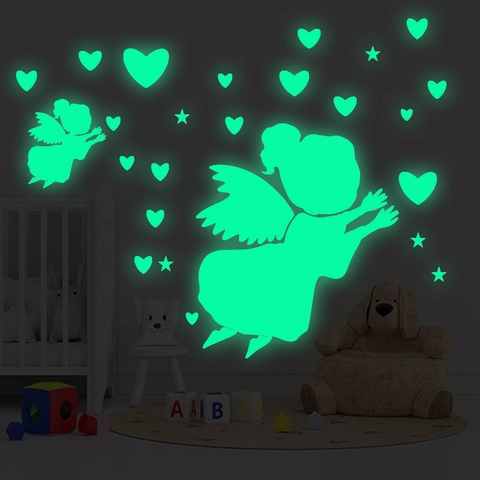 Adesivi Murali Fluorescenti Angelo Cuore Stella per Cameretta Bambini Soffitto Camera da Letto Decalcomanie in PVC Luminous DIY