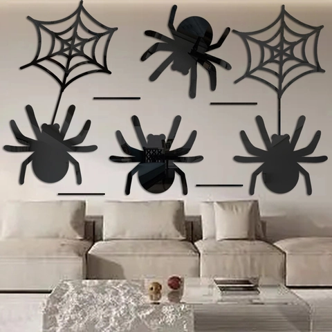 Lot de Stickers Muraux Miroir en Acrylique Toile d'Araignée pour Décoration d'Halloween Autocollants Réfléchissants pour Salon Maison