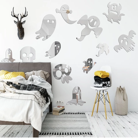 Adesivi Murali Specchio Acrilico Fantasma Scheletro Halloween Adesivi Fai-da-te Rimovibili per Decorazione Casa Soggiorno Festa