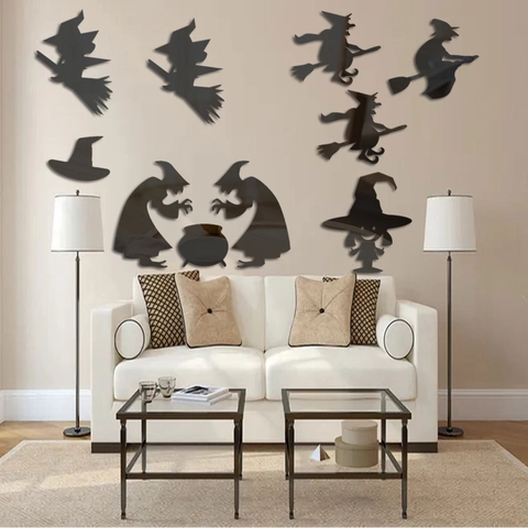 Halloween 3D Acrylic Mirror Wall Sticker Bat Witch Pumpkin Ghost Decal For Living Room Home Party Festive DIY Decor