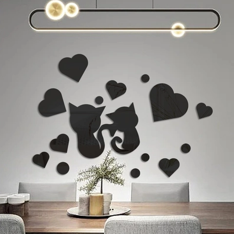 Adesivo da Parete a Specchio in Acrilico 3D Simpatico Gatto Cuore DIY Murale Artistico per Soggiorno Camera da Letto Bagno Arredamento