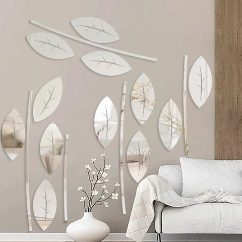 Adesivi Murali a Specchio in Acrilico con Foglie Astratte DIY Decalcomanie 3D Moderne per Soggiorno Camera da Letto Bagno Casa
