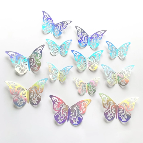 Adesivi Murali Farfalla 3D Cavi Argento Iridescente Effetto Specchio Laser Decalcomanie Carta Artistica Casa Festa