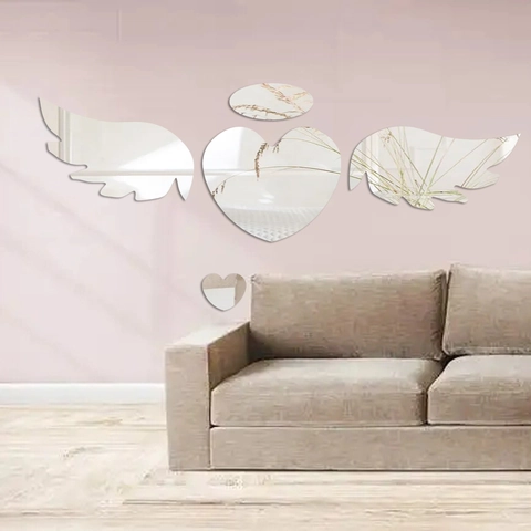Adhesivo de Pared de Espejo de Acrílico 3D Alas de Ángel de Corazón Calcomanía de Pared DIY para Sala de Estar Dormitorio Decoración Moderna del Hogar