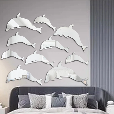 Pegatina de Pared de Espejo de Acrílico 3D Delfín Calcomanía Decorativa DIY para Baño Sala de Estar Dormitorio Arte Hogar