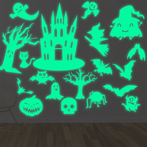 Halloween Leuchtet Im Dunkeln Wandtattoo Schloss Fledermaus Kürbis Geist Muster PVC Fluoreszierend Für Kinderzimmer Deko