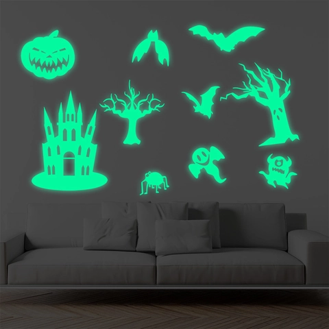 Halloween Leuchtet Im Dunkeln Wandtattoo Schloss Fledermaus Kürbis Geist Muster PVC Fluoreszierend Für Kinderzimmer Deko