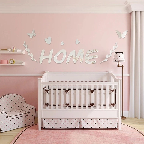 Pegatina de Pared Espejo Acrílico 3D Letras HOME Corazón Mariposa Decoración para Dormitorio Sala de Estar Hogar Moderna