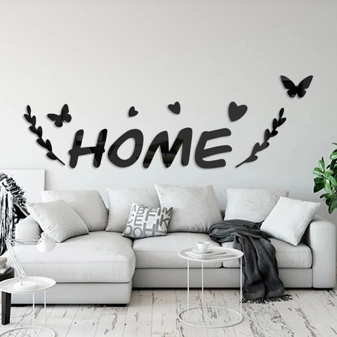 Pegatina de Pared Espejo Acrílico 3D Letras HOME Corazón Mariposa Decoración para Dormitorio Sala de Estar Hogar Moderna