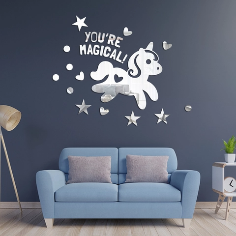 Pegatina de Pared Espejo de Acrílico de Unicornio Corazón Estrella Con Letras You Are Magical para Habitación Infantil