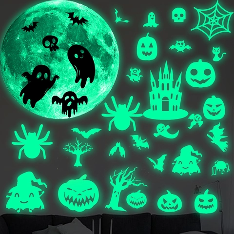 Autocollants Muraux Lune Lumineuse Halloween PVC Lumineux Dans Le Noir Chauve-souris Citrouille Fantôme Décoration De Fête