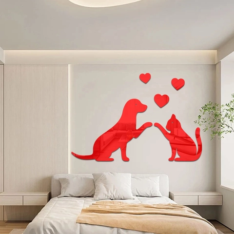 Adhesivos de Pared Espejo Acrílico Gato Perro Corazón Calcomanías Espejo 3D Para Dormitorio Sala de Estar Decoración