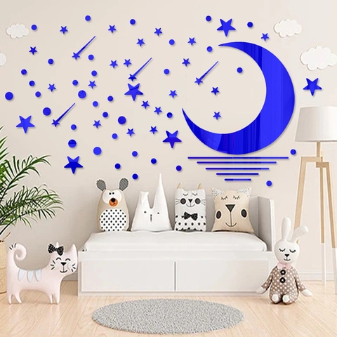 Pegatinas De Pared Espejo Acrílico Estrellas Luna Impermeable DIY 3D Calcomanías Decorativas Para Habitación Infantil Dormitorio Baño Hogar