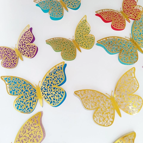 Luxury 3D Hollow Butterfly Wall Stickers Double Layer Metallic Paper Decals For Living Room Bedroom Wedding Party Decor