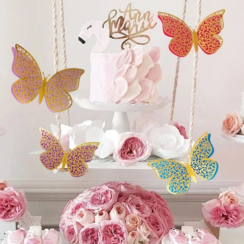 Luxury 3D Hollow Butterfly Wall Stickers Double Layer Metallic Paper Decals For Living Room Bedroom Wedding Party Decor