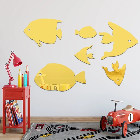 Pegatinas de Pared de Espejo de Acrílico 3D Juego de Peces Tropicales Decoración de Pared DIY para Sala de Estar Baño Impermeable