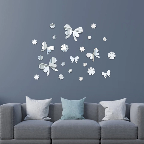 DIY Specchio Farfalla Fiore Acrilico Adesivo Parete 3D Superficie Specchio Removibile Arte Murale per Soggiorno Camera da Letto Sfondo TV Decorazione Casa