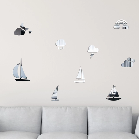 Stickers Muraux Miroir de Voilier en Acrylique Moderne DIY Météo Nuage Lune Étoile Arc-en-Ciel Décalcomanies Décoratives pour Maison Salon