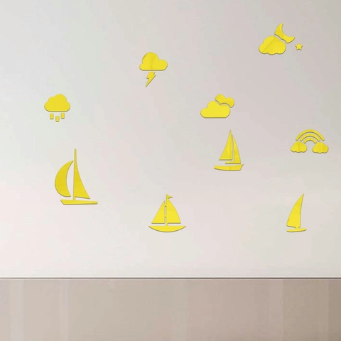 Stickers Muraux Miroir de Voilier en Acrylique Moderne DIY Météo Nuage Lune Étoile Arc-en-Ciel Décalcomanies Décoratives pour Maison Salon