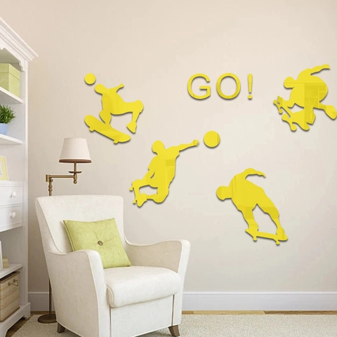 Silueta de Skater Adhesivo de Pared 3D Espejo de Acrílico Moderno DIY Mural de Arte Deportivo para Habitación Niños Sala de Estar Dormitorio Decoración