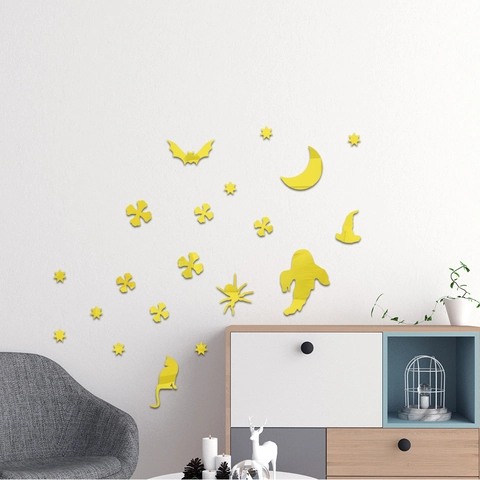 Set di Adesivi Murali a Specchio in Acrilico Fantasma di Halloween Decorazione Pipistrello Luna Stella Ragno Gatto per Soggiorno Camera da Letto