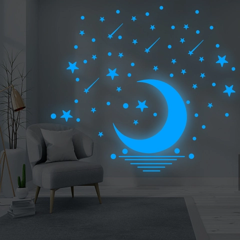 Leuchtende Sterne Mond Wandaufkleber Blau Fluoreszierende PVC Dekore Für Kinderzimmer Wohnzimmer DIY Sternennacht Dekoration