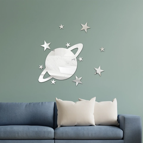 Sticker Mural Miroir en Acrylique Planète Étoiles Forme Saturne 3D DIY Amovible Auto-Adhésif Réfléchissant Pour Décoration Salon Chambre