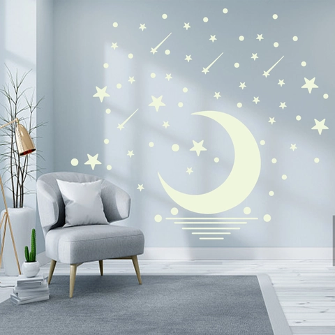 Leuchtende Sterne Mond Wandaufkleber Blau Fluoreszierende PVC Dekore Für Kinderzimmer Wohnzimmer DIY Sternennacht Dekoration