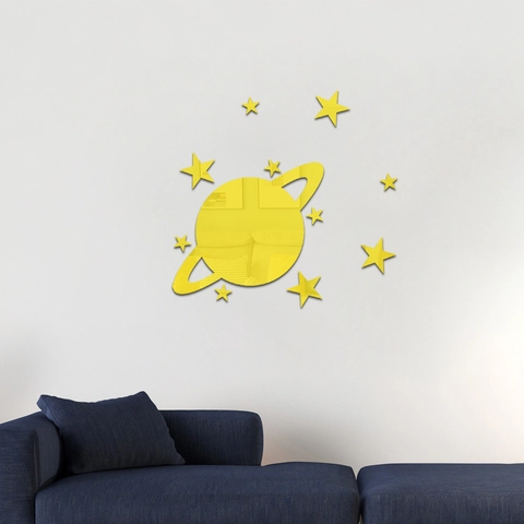 Sticker Mural Miroir en Acrylique Planète Étoiles Forme Saturne 3D DIY Amovible Auto-Adhésif Réfléchissant Pour Décoration Salon Chambre