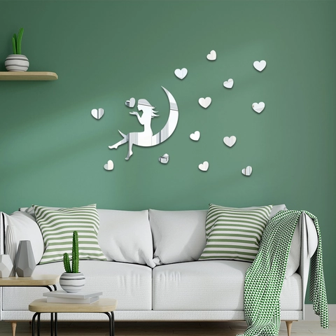 Pegatinas de Pared de Espejo 3D de Acrílico Decoración DIY Hogar Para Sala Dormitorio Niña Luna Forma Corazón Superficie Reflejante