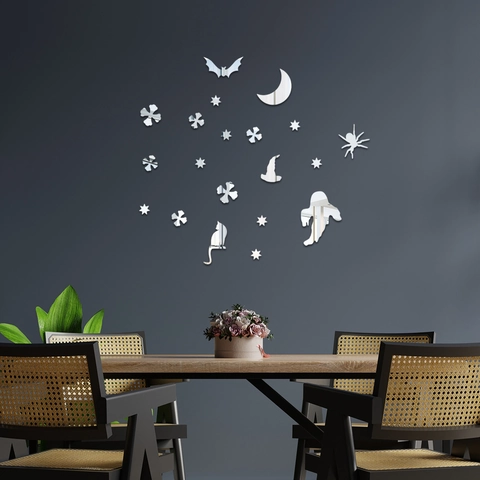 Juego de Pegatinas de Pared de Espejo de Acrílico de Fantasma de Halloween Decoración de Murciélago Luna Estrella Araña Gato para Sala Dormitorio