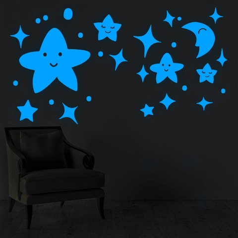 Leuchtende Wandtattoo Lächelnde Sterne Mond Punkte Blau Nachtleuchtend Wandaufkleber Für Kinderzimmer Schlafzimmer Deko