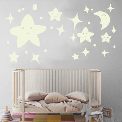 Leuchtende Wandtattoo Lächelnde Sterne Mond Punkte Blau Nachtleuchtend Wandaufkleber Für Kinderzimmer Schlafzimmer Deko