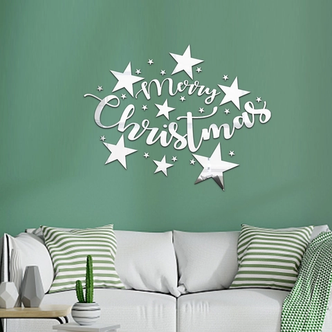 Adesivo da Parete Specchio Acrilico Natale Merry Christmas Scritta Stelle per Decorazione Scena Festa Casa Vacanze