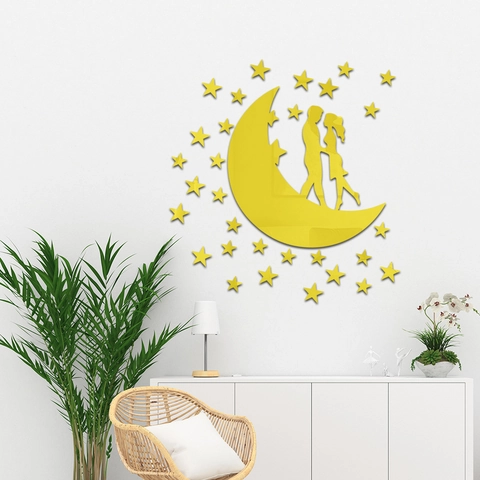 Pegatina de Pared Espejo Acrílico 3D Pareja Luna Romántica Estrellas DIY Calcomanías Removibles para Sala de Estar Dormitorio