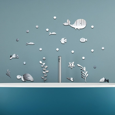 Sticker Mural Miroir en Acrylique 3D Monde Océanique Décalcomanie Animaux Marins Pour Chambre d'Enfant Salon Décoration Minimaliste Moderne DIY Murale Auto-Adhésive