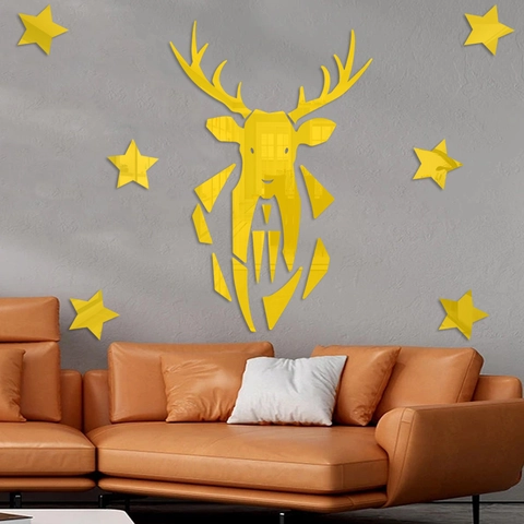 Vinilo de Pared de Espejo de Cabeza de Ciervo Geométrico Reno 3D Acrílico DIY Calcomanía Con Estrellas para Sala de Estar
