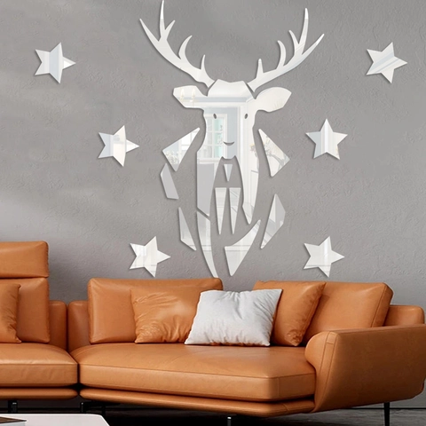 Vinilo de Pared de Espejo de Cabeza de Ciervo Geométrico Reno 3D Acrílico DIY Calcomanía Con Estrellas para Sala de Estar
