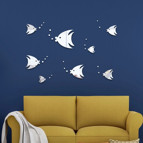 Pegatinas de Pared de Espejo de Pez Burbuja Dibujos Animados Acrílico DIY Decoración Removible Autoadhesivo Baño Niños Sala Pared