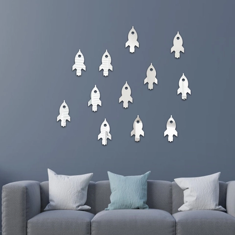 12 Pezzi Adesivi Murali a Specchio in Acrilico a Forma di Razzo 3D DIY Decalcomanie per Cameretta Bambini Asilo Decorazione Casa
